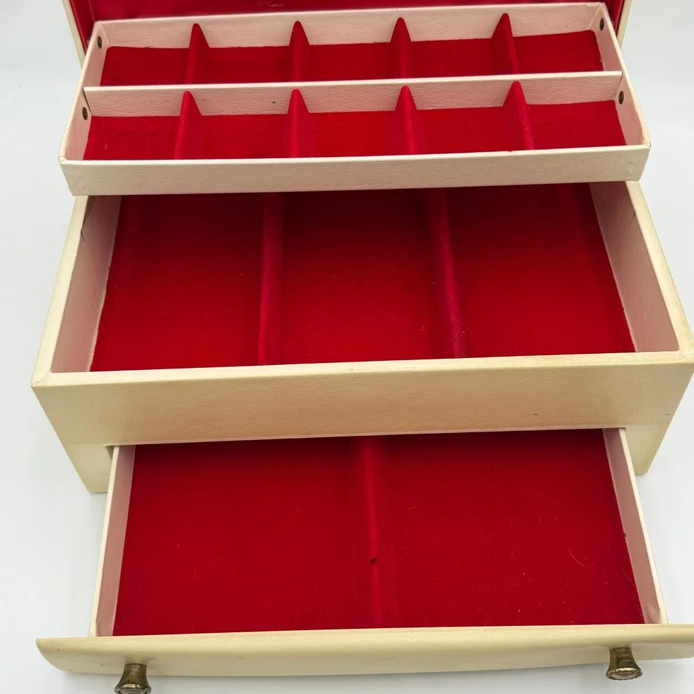Vintage Cream Faux Leather Jewelry Box Red Lining Floral Rose Cantilever Drawer